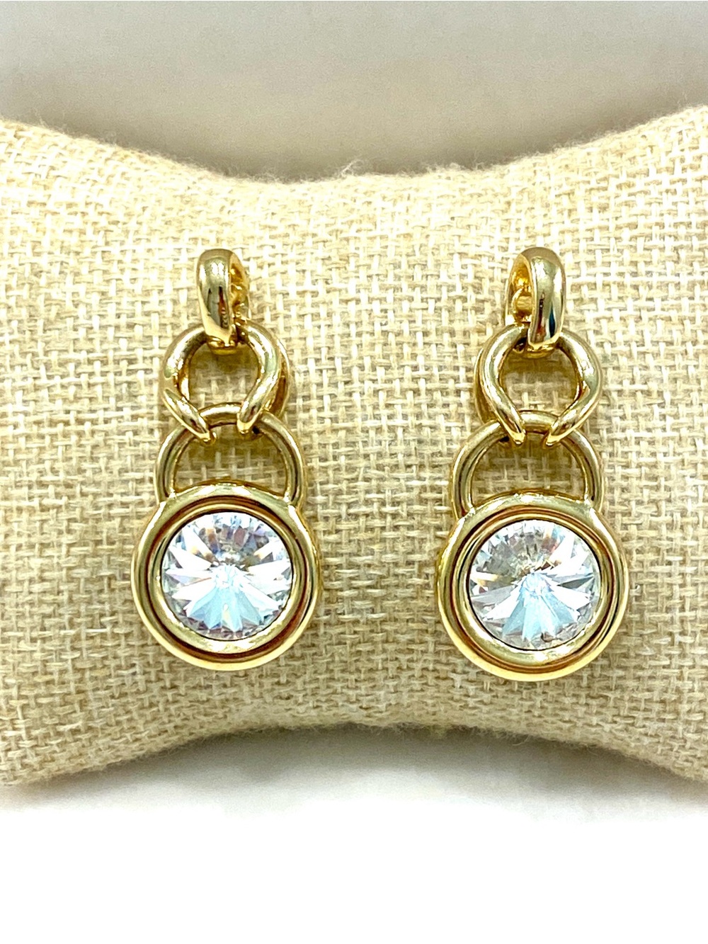 Vintage Gold-Tone Crystal Drop Earrings — Clear Stone Accents